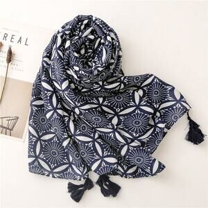 NEW Boho Exotic Tasseled Rectangle Soft Chic Scarf Large Navy Blue White